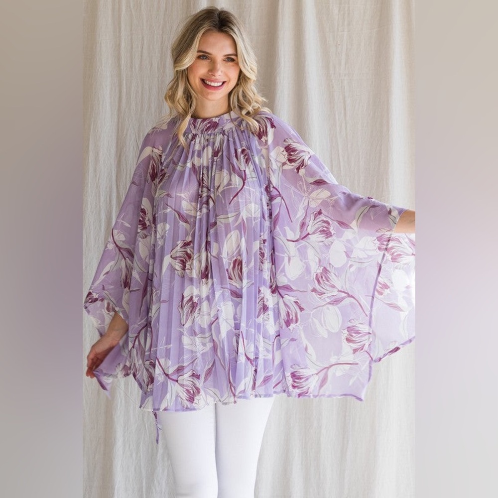 JODIFL Lavender Floral Pleated Tunic Top